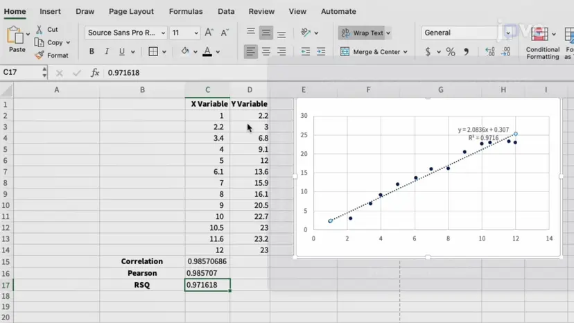 Microsoft Excel: Pearson's Correlation