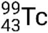 Technetium isotope notation, \( ^{99}_{43}\text{Tc} \), element symbol with atomic, mass numbers.