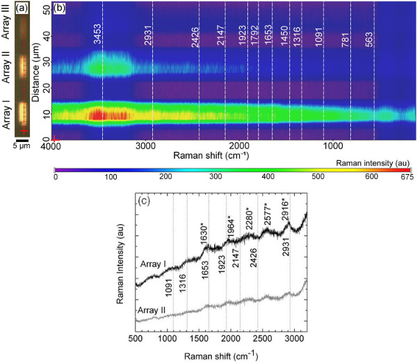 Raman spectroscopy results, Raman shift vs intensity graph, chemical analysis, spectral data array.