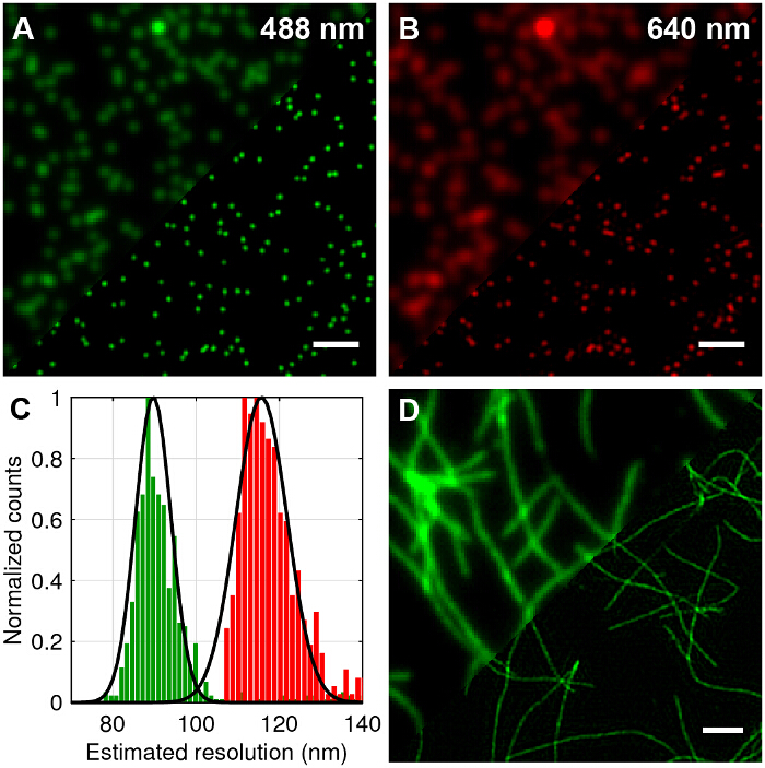 Super-resolution microscopy images at 488 nm and 640 nm, with resolution histogram and fiber structure.