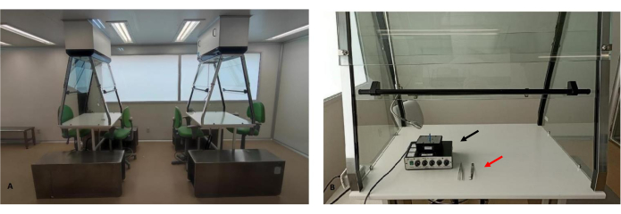 Laboratory fume hood setup with airflow control, instruments for chemical safety and analysis.